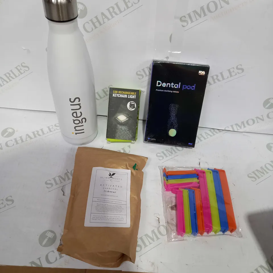 BOX OF APPROX 30 ASSORTED ITEMS TO INCLUDE - ACTIVATED CHARCOAL, RECHARGABLE KEYCHAIN LIGHT, DENTAL POD ETC
