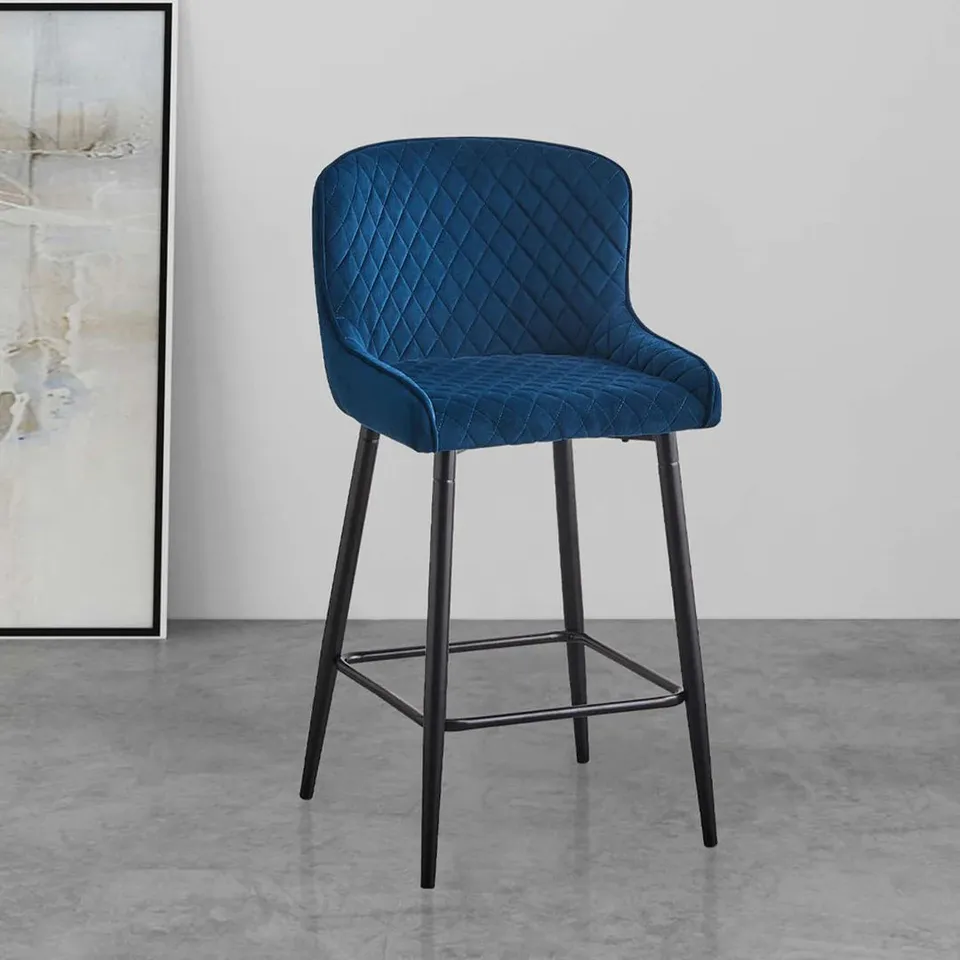 BOXED DUNDAS SET OF 2 BLUE VELVET 65CM BAR STOOLS