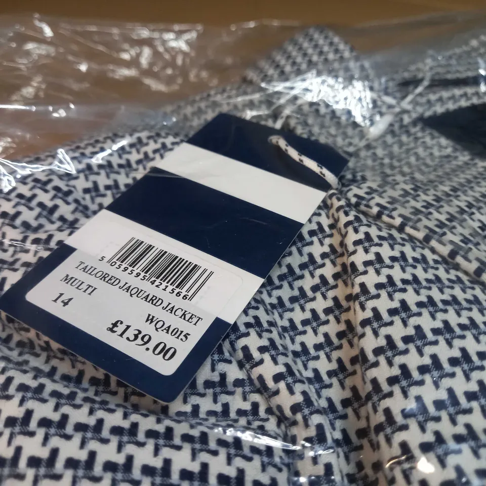 PACKAGED CREW CLOTHING COMPANY NAVY/WHITE TAILORED JAQUARD JACKET - SIZE 14