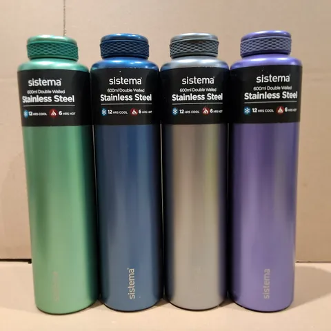 LOT OF 6 AS NEW SISTEMA 600ML DOUBLE WALLED STAINLESS STEEL DRINK CONTAINERS - ASSORTED COLOURS 