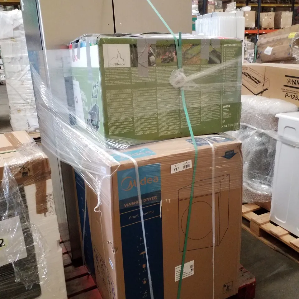 BOSCH ADVANCEDROTAK 750 ELECTRIC ROTARY LAWNMOWER, HISENSE FREESTANDING AMERICAN FRIDGE FREEZER AND MIDEA MF10ED80B FREESTANDING WASHER DRYER - UNPROCESSED RAW RETURNS