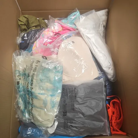 BOX OF APPROXIMATELY 25 ASSORTED CLOTHING ITEMS IN VARIOUS STYLES , COLOURS AND SIZES 