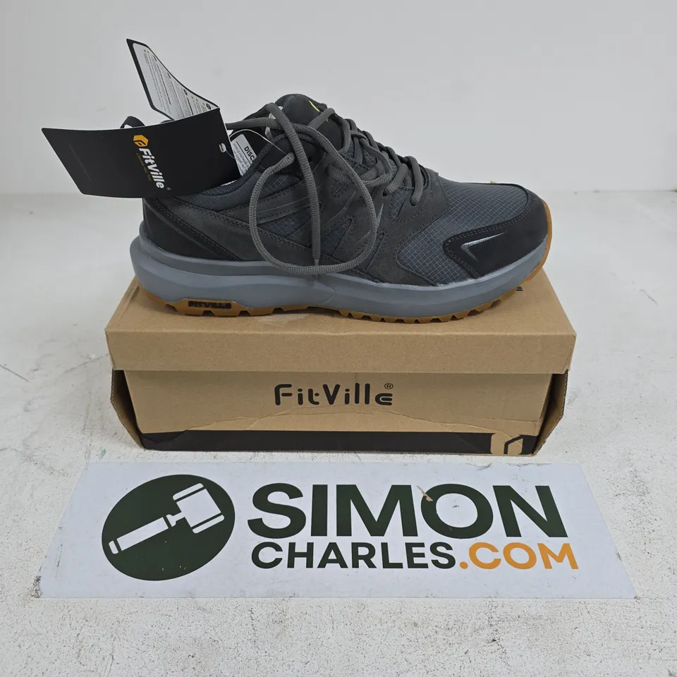 BOXED PAIR OF FITVILLE LOW TOP STURDY CORE TRAINERS IN SLATE GREY - UK 9.5