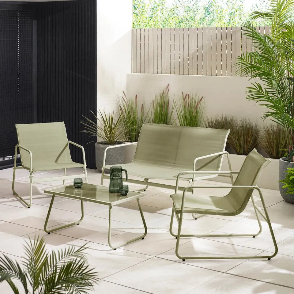 BOXED NAXOS GREEN 4 SEAT OUTDOOR CHAIRS SOFA & TABLE SET
