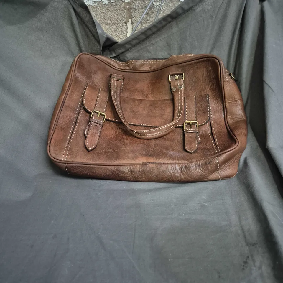 BROWN LEATHER SATCHEL BAG WITH TWIN TOP HANDLES AND BRASS BUCKLES