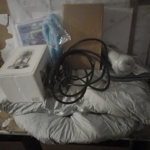 GROUP OF APPROX 10 ASSORTED ITEMS TO INCLUDE BED SHEETS, CLOCK, TUBING ETC