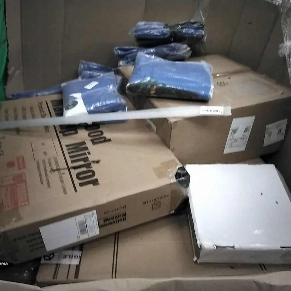 PALLET OF ASSORTED ITEMS INCLUDING FABIAN CLARKE PHOTO FRAMES, KKTONER ROLLING STOOL, CLOTHING RACK, STOREMIC TOILET SEAT, HEAVY DUTY TARP, HOLYWOOD MAKEUP MIRROR