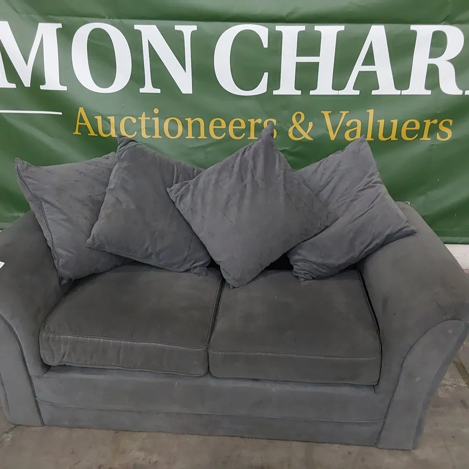 DESIGNER TWO SEATER SOFA WITH SCATTER CUSHIONS GREY FABRIC 