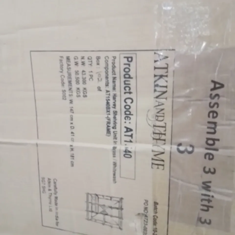 BOXED HARVEY SHELVING UNIT IN WHITEWASH/BRASS