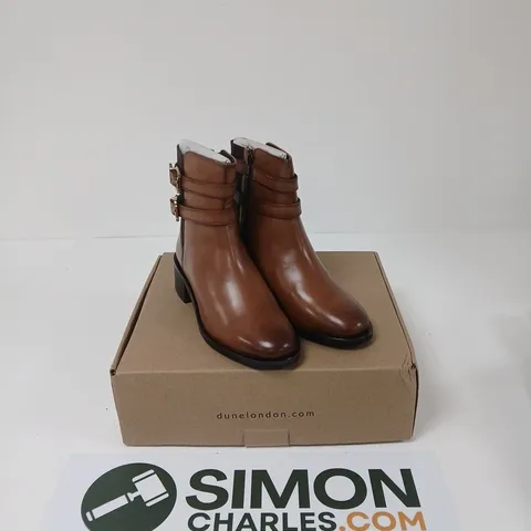 DUNE LONDON TAN LEATHER ANKLE BOOTS – DOUBLE BUCKLE, UK 3