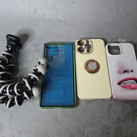 APPROXIMATELY 16 ASSORTED ITEMS TO INCLUDE -JOBY TRIPOD , PHONE CASES ,  USB-C TO USB-C CABLE ETC