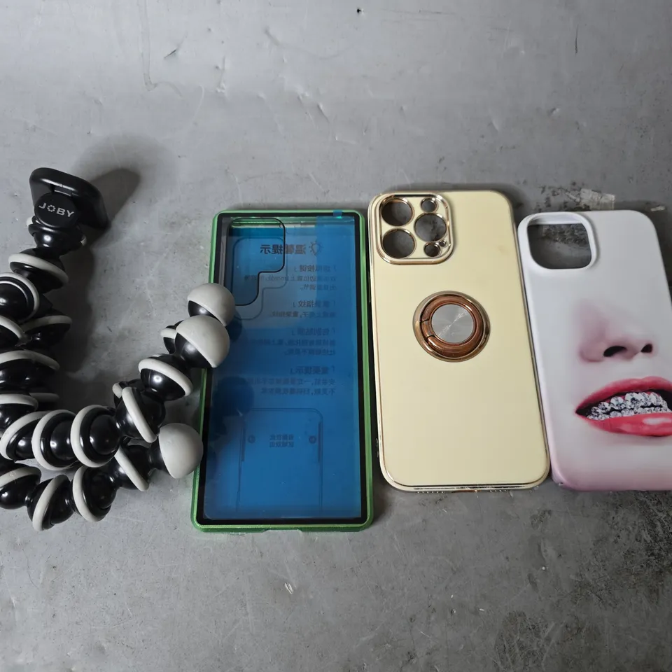 APPROXIMATELY 16 ASSORTED ITEMS TO INCLUDE -JOBY TRIPOD , PHONE CASES ,  USB-C TO USB-C CABLE ETC