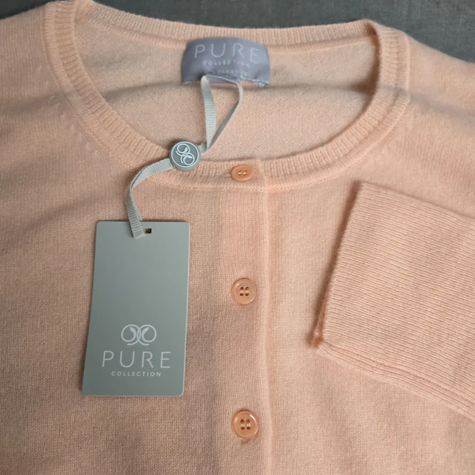 PURE COLLECTION CREW NECK CASHMERE CARDIGAN IN SOFT PEACH - UK 14