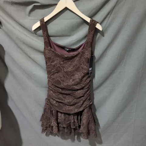 EGO BROWN LACE DRESS WITH FRINGE HEM – UK 12 (EU 12, US 8)