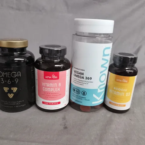 APPROX 10 ASSORTED ITEMS TO INCLUDE VITAMIN SUPPLEMENTS: OMEGA 3-6-9, VITAMIN B COMPLEX, VEGAN OMEGA 369 & VITAMIN D3