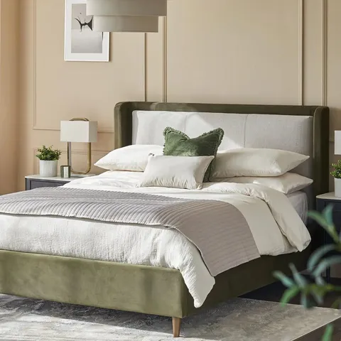 BOXED GROVE NATURAL FABRIC AND OLIVE GREEN VELVET SUPER KING OTTOMAN STORAGE BED (3 BOXES)