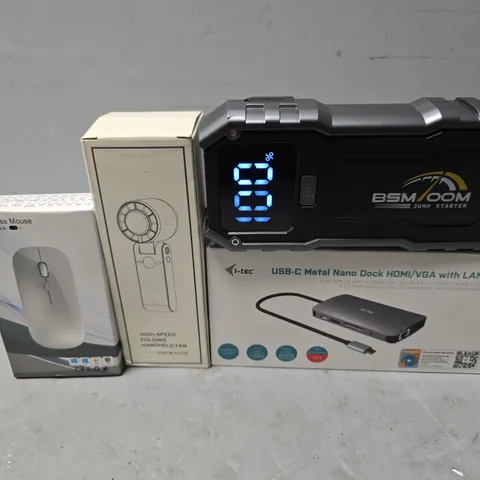 APPROXIMATELY 10 ASSORTED ITEMS TO INCLUDE - BSM ZOOM JUMP STARTER , FOLDING HANDHELD FAN , WIRELESS MOUSE ETC