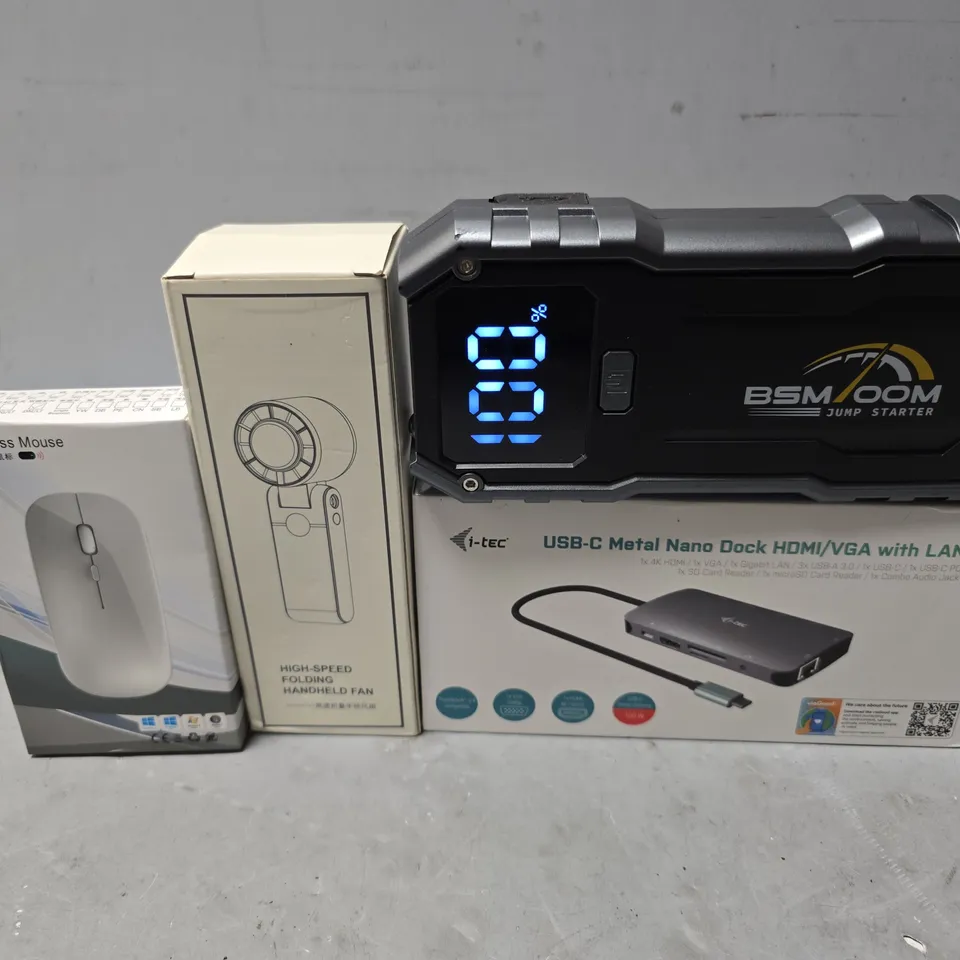 APPROXIMATELY 10 ASSORTED ITEMS TO INCLUDE - BSM ZOOM JUMP STARTER , FOLDING HANDHELD FAN , WIRELESS MOUSE ETC