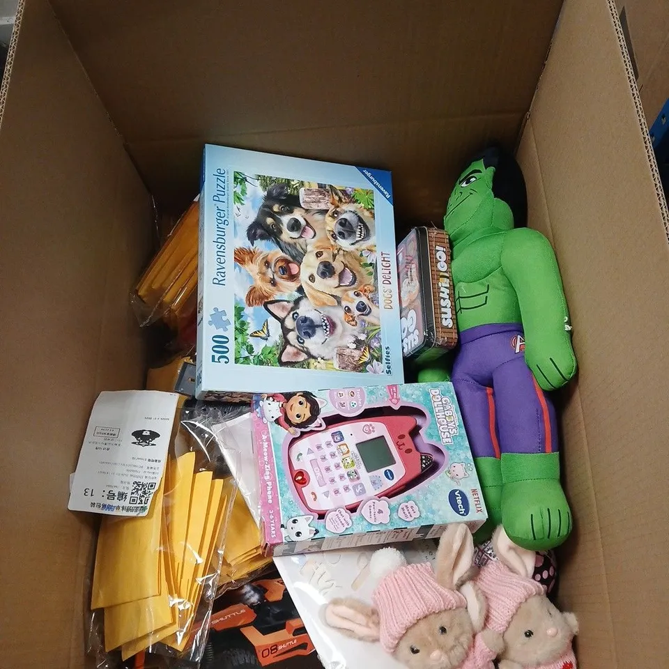 BOX OF APPROXIMATELY 30 ASSORTED TOYS/RELATED ITEMS TO INCLUDE RAVENSBURGER PUZZLE, GABBYS DOLLHOUSE VTECH, SOFT TOYS, LOL SURPISE! EYE SPY SERIES, SUSHI GO! CARD GAME ETC