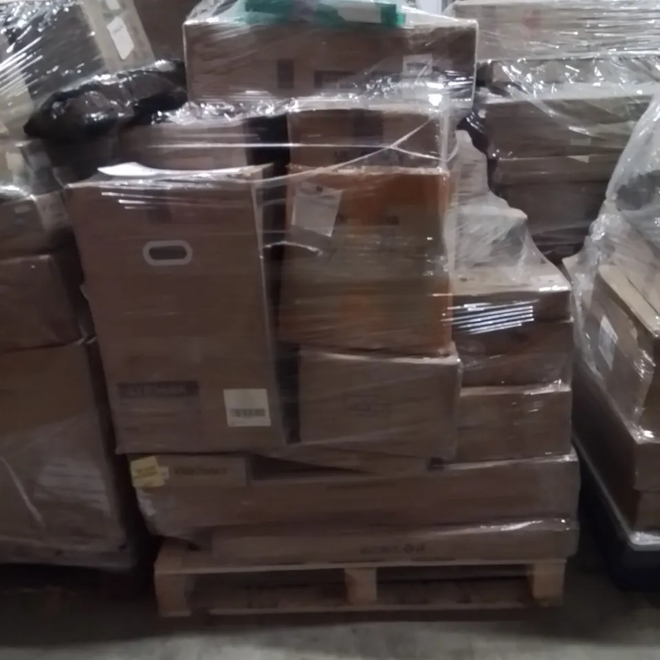 PALLET OF ASSORTED HOUSEHOLD GOODS AND PRODUCTS TO INCLUDE;BAR TABLE,CORNER BRACKET,TRASH CAN
