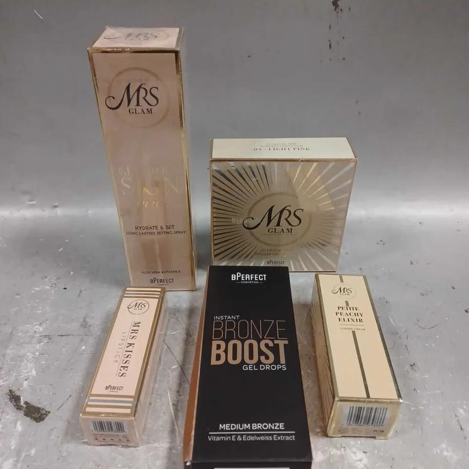 BPERFECT LOT OF 5 ASSORTED COSMETIC ITEMS TO INCLUDE - GLORIOUS SKIN SETTING SPRAY - LIPSTICK IN HELLO TREACLE - POWDER FOUNDATION IN01 LIGHT PINK - ETC