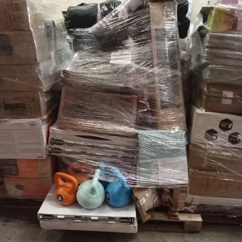 PALLET OF ASSORTED E-COMMERCE GOODS AND PRODUCTS TO INCLUDE; KETTLE BELLS, 6FT FOLDING OUTDOOR TABLES, YOGA MATS, KIDS HELMET, CAMPING CHAIR ETC