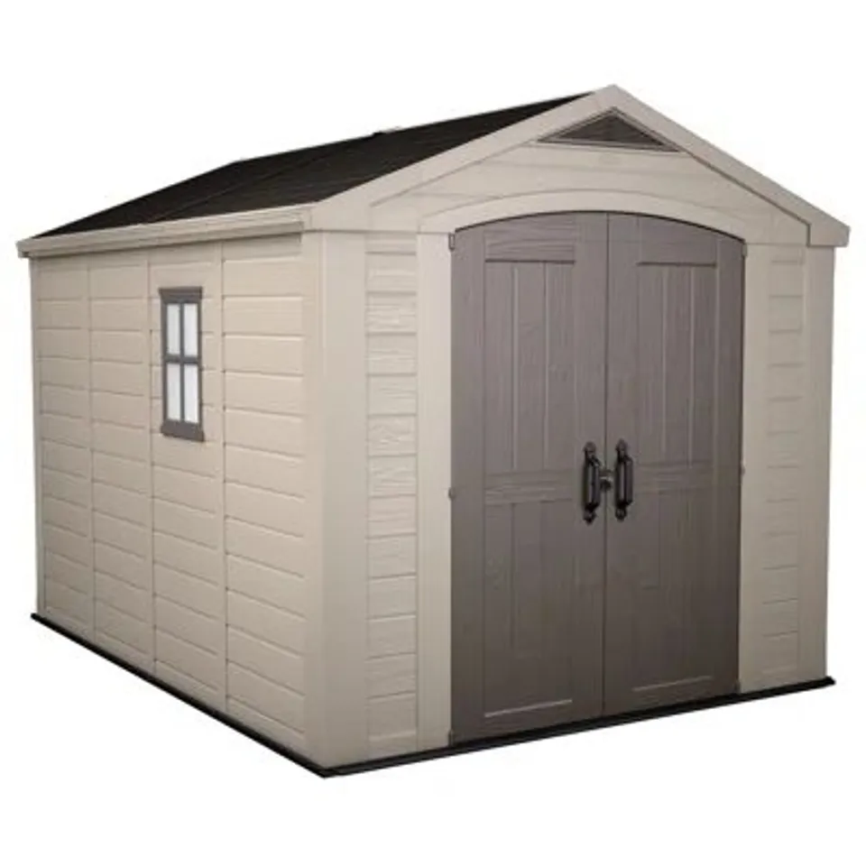 BOXED KETER FACTOR 8FT W X 11FT D APEX OUTDOOR GARDEN SHED (3 BOXES)