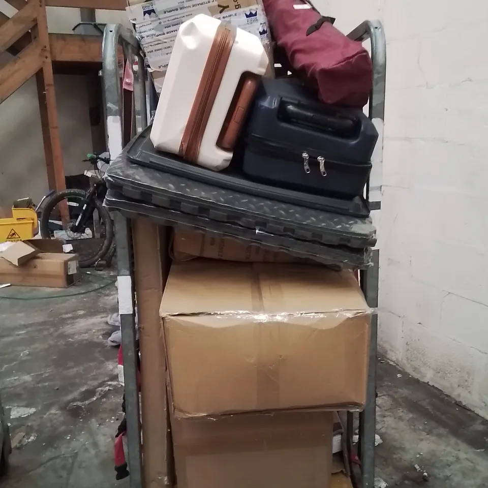 CAGE OF ASSORTED HOUSEHOLD GOODS AND PRODUCTS TO INCLUDE;FOLDING TABLE,SUITCASE,CAMPING CHAIR