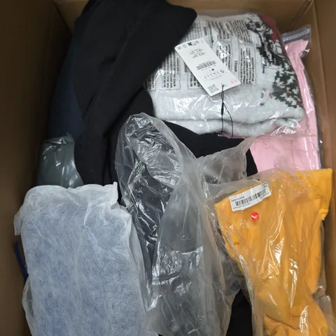 LARGE BOX OF ASSORTED CLOTHING ITEMS IN VARIOUS SIZES, STYLES AND COLOUR 