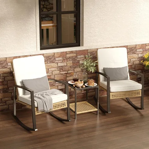 BOXED GRAVFORCE 3 PIECES PATIO BISTRO SET OUTDOOR ROCKING CHAIR AND TABLE SET WITH LUMBAR PILLOW