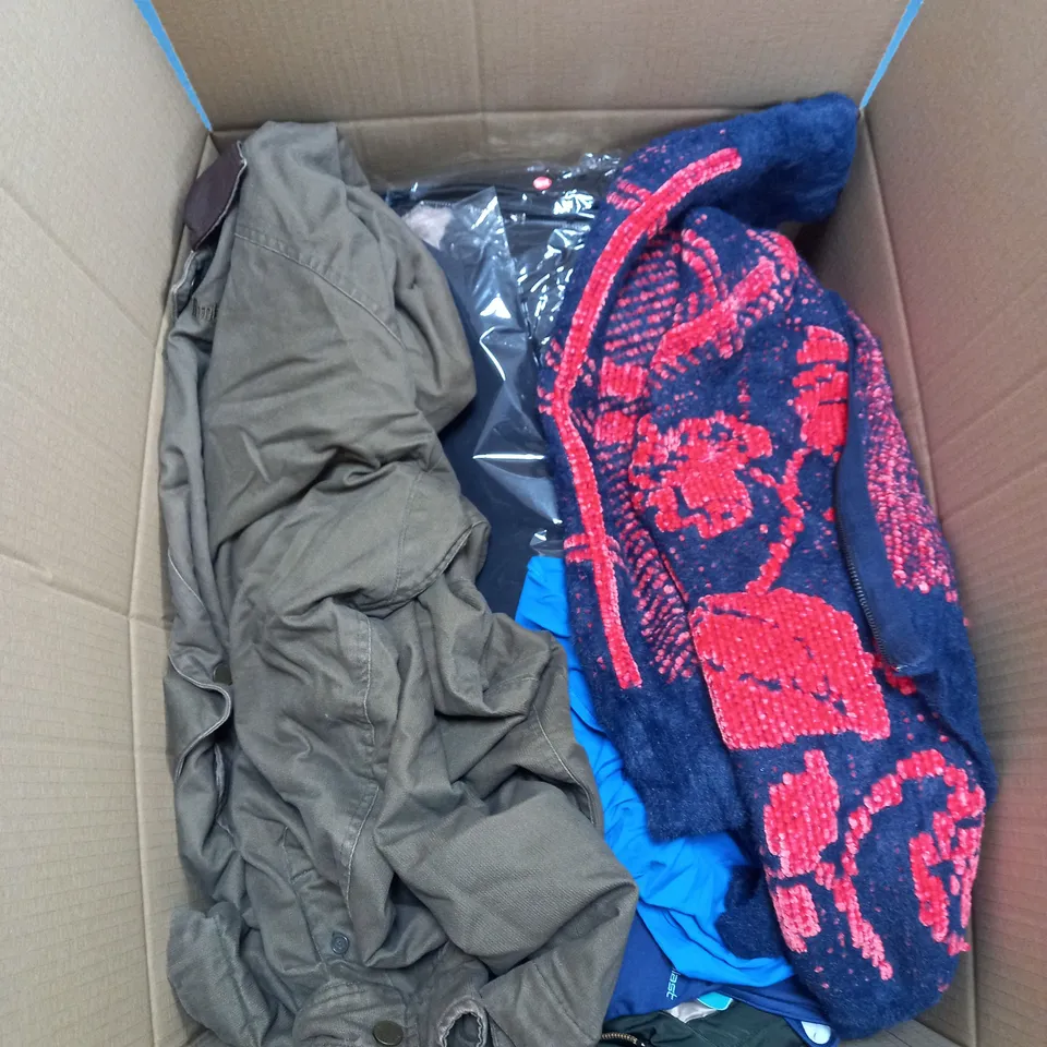 BOX OF ASSORTED CLOTHING ITEMS TOO INCLUDE JUMPERS, SHIRTS AND TROUSERS IN VARIOUS SIZES AND COLOURS   