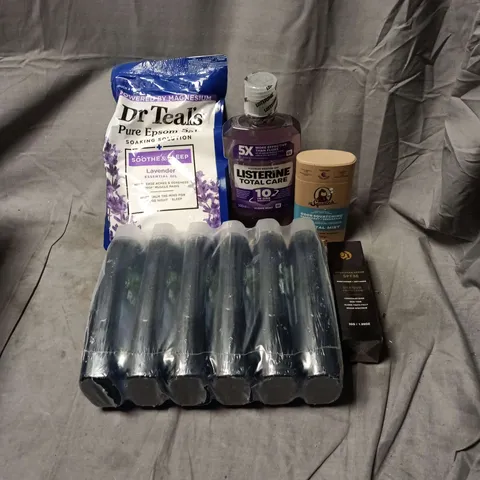 APPROXIMATELY 20 ASSORTED COSMETIC ITEMS TO INCLUDE  DR TEALS EPSOM SALT, LISTERINE, RADOX, SPF 50 SUNSCREEN SERUM, DR SQUATCH ETC