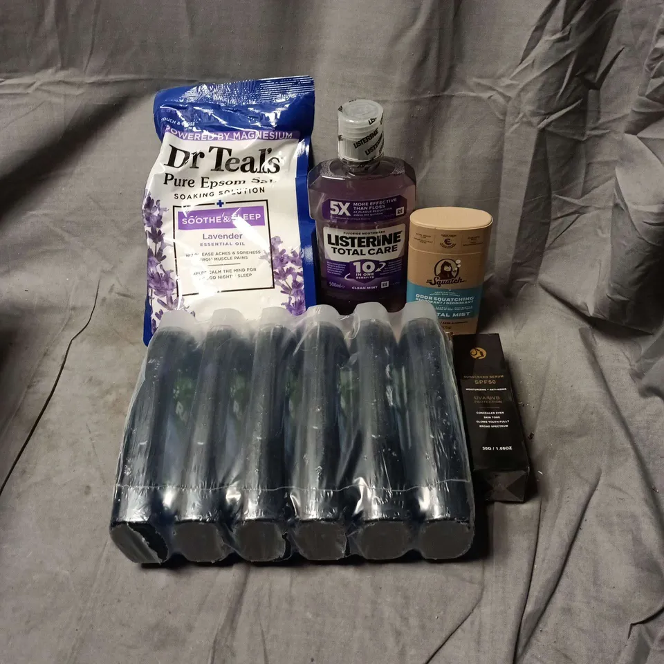 APPROXIMATELY 20 ASSORTED COSMETIC ITEMS TO INCLUDE  DR TEALS EPSOM SALT, LISTERINE, RADOX, SPF 50 SUNSCREEN SERUM, DR SQUATCH ETC
