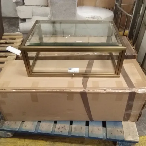 PALLET TO CONTAIN A DESIGNER COFFEE TABLE IN DARK BROWN AND A GLASS DISPLAY BOX WITH MISSING PANEL