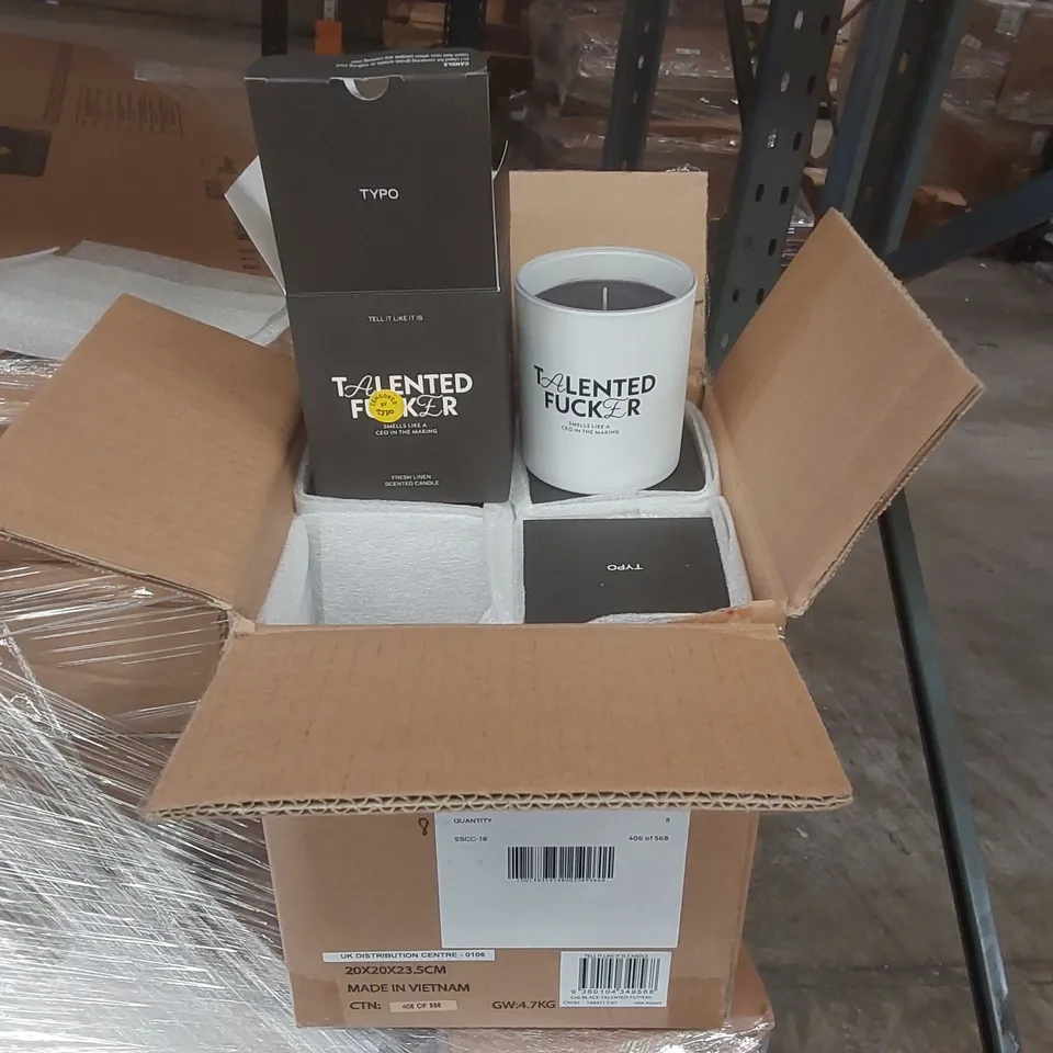 PALLET CONTAINING A VERY LARGE QUANTITY OF BRAND NEW TYPO SCENTED CANDLES AND ASSORTED BRAND NEW CLOTHING INCLUDING: JUMPERS, BIKINIS, HAT, SHIRTS, SOCKS ECT