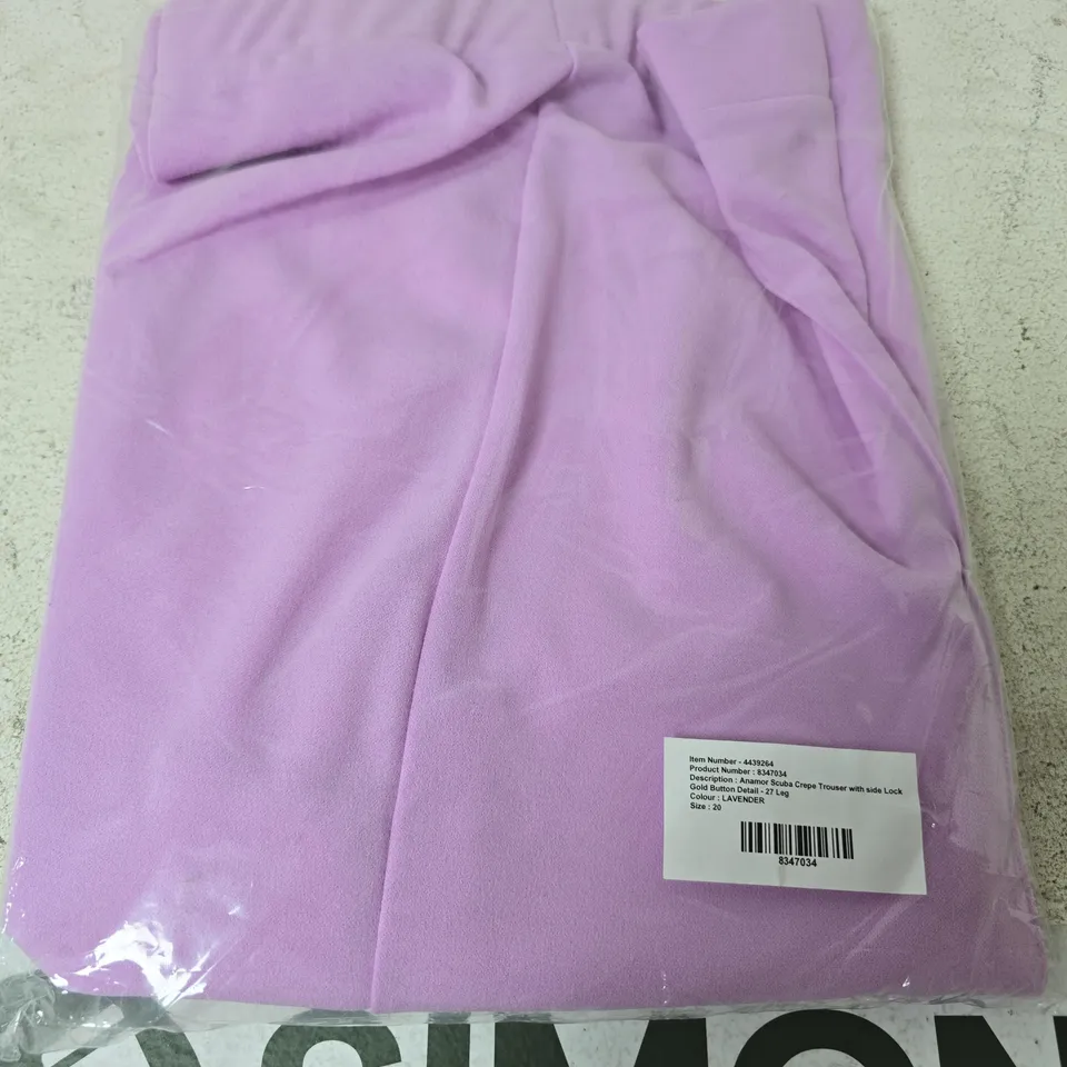 ANAMOR SCUBA CREPE SIDE LOCK GOLD BUTTON DETAIL TROUSERS, LAVENDER - SIZE 20 