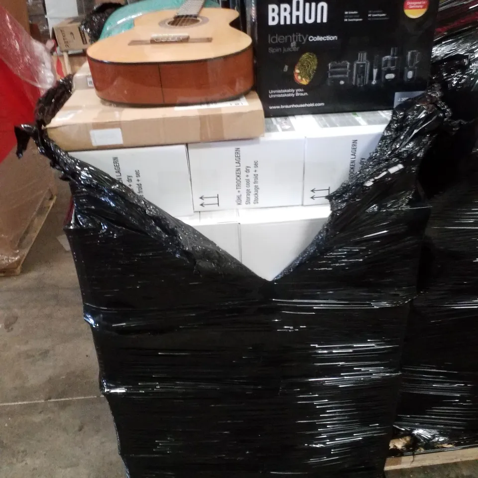 PALLET CONTAINING ASSORTED PRODUCTS INCLUDING BRAUN SPIN JUICER, ACOUSTIC GUITAR, MARSHALL AMP & LARGE QUANTITY OF ASSORTED STAUF ADHESIVES