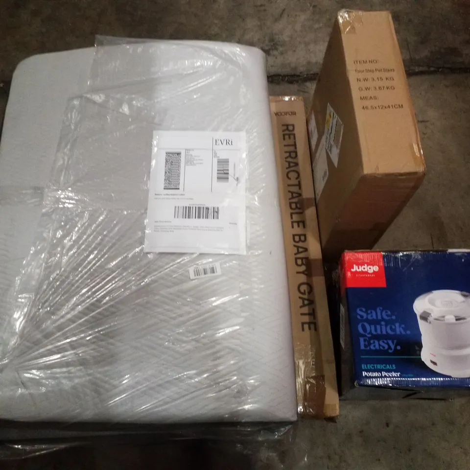 PALLET CONTAINING ASSORTED PRODUCTS INCLUDING ELECTRIC POTATO PEELER, MATTRESS, RETRACTABLE BABY GATE, PET STAIRS & PICTURE FRAMES