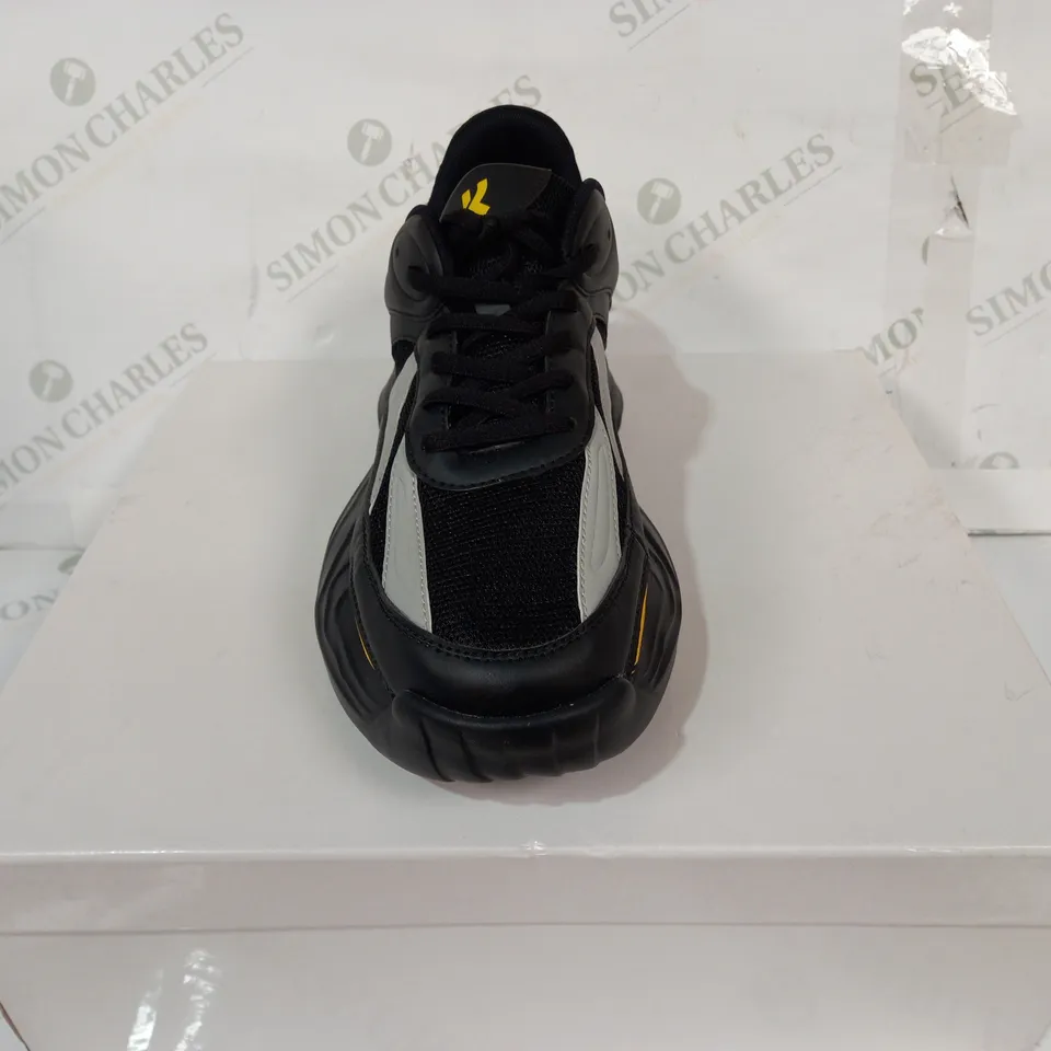 BOXED PAIR OF KOI VEGAN TRAINERS IN BLACK/GREY/YELLOW SIZE UNSPECIFIED