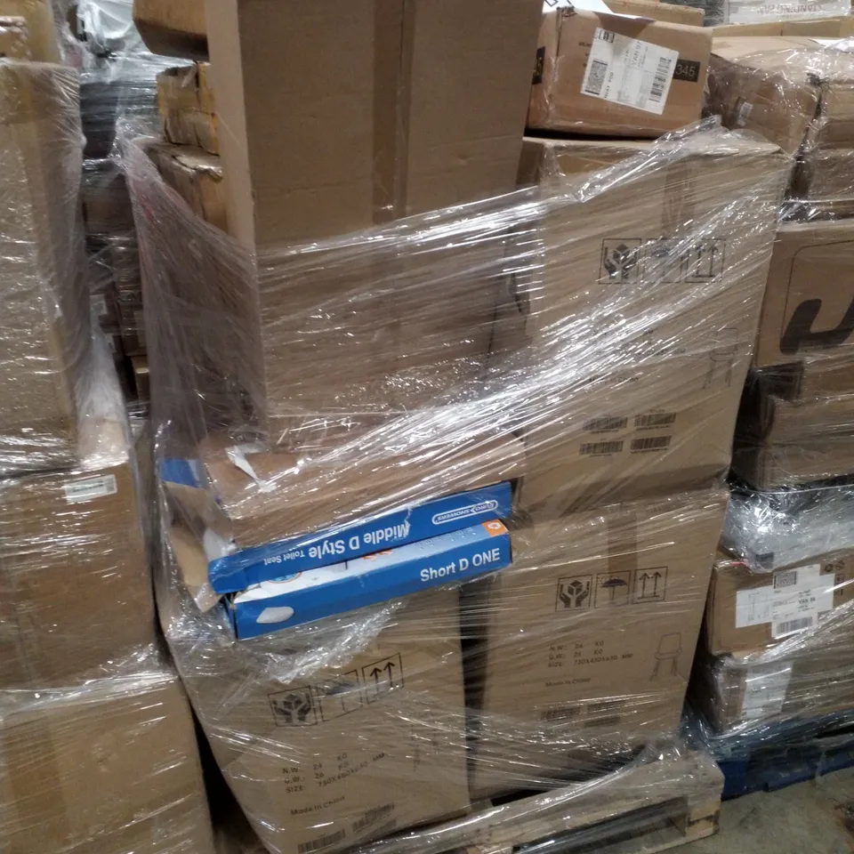 PALLET CONTAINING ASSORTED PRODUCTS INCLUDING TOILET SEATS, RADIATOR COVER, ROUND BATHROOM MIRROR & DINING CHAIRS
