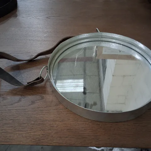 MARSTON WALL HANGING MIRROR WITH SILVER FRAME & LEATHER STRAP 30CM