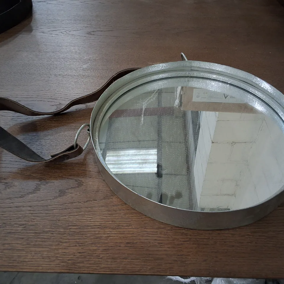MARSTON WALL HANGING MIRROR WITH SILVER FRAME & LEATHER STRAP 30CM