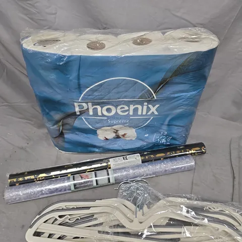 APPROXIMATELY 15 ASSORTED HOUSEHOLD PRODUCTS TO INCLUDE TOILET PAPER, CLOTHES HANGERS, WALLPAPER ETC 