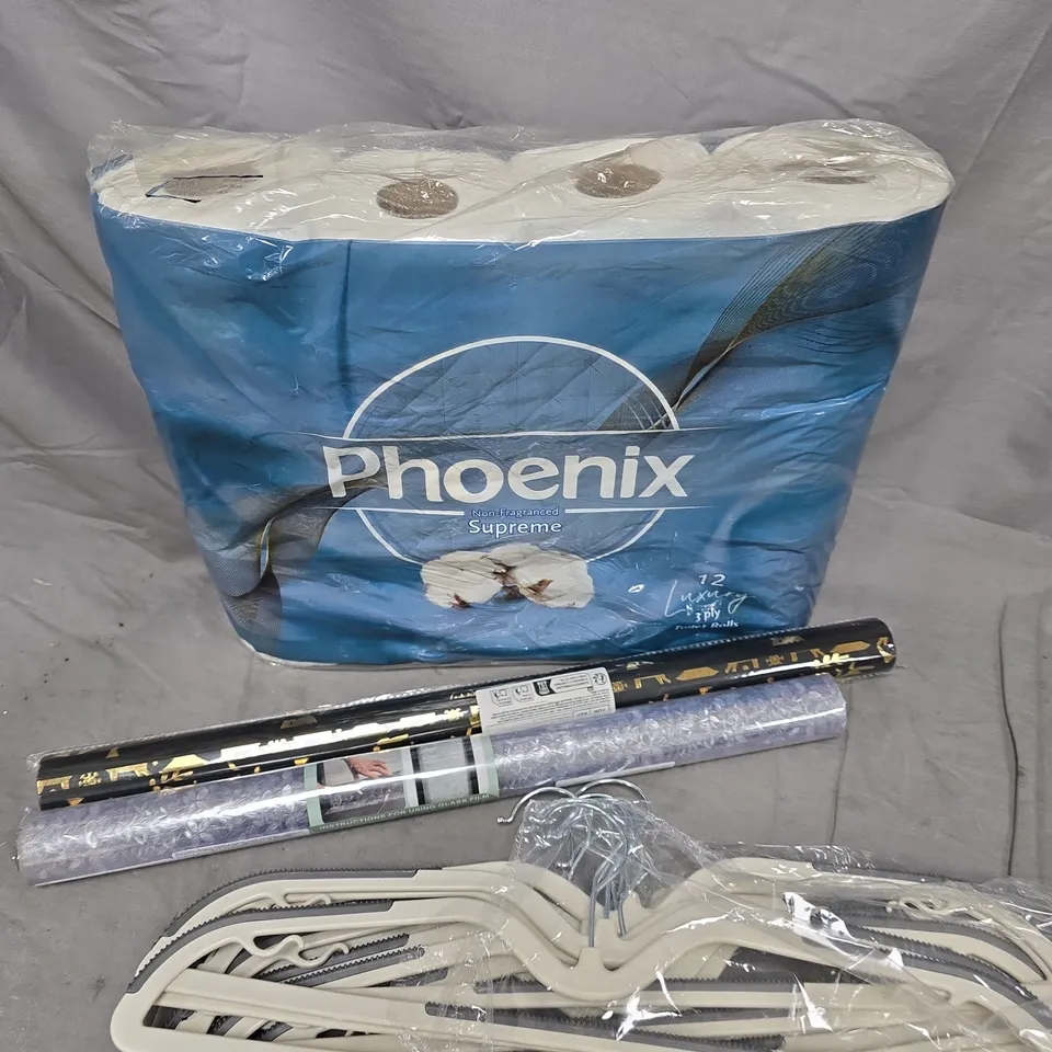 APPROXIMATELY 15 ASSORTED HOUSEHOLD PRODUCTS TO INCLUDE TOILET PAPER, CLOTHES HANGERS, WALLPAPER ETC 