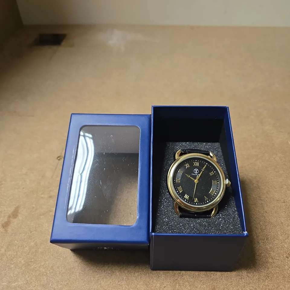 TALIS CO. GOLD-TONE WRISTWATCH WITH BLACK LEATHER STRAP – BOXED