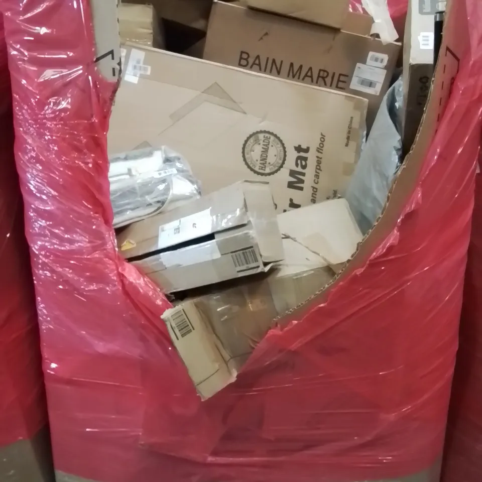 PALLET CONTAINING VARIOUS ASSORTED BOXED HOUSEHOLD ITEMS TO INCLUDE: CHAIR MATS, BAIN MARIE, BED GUARD RAIL, PET CAR CARRIER  AND LOTS MORE UNMARKED BOXED ITEMS 