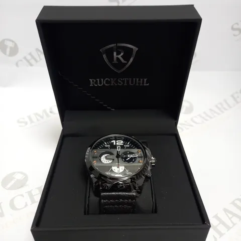 MEN’S RUCKSTUHL COCKPIT R150 WATCH – MULTI FUNCTION SUB DIALS – BLACK CASE – 3ATM WATER RESISTANT – GENUINE LEATHER STRAP