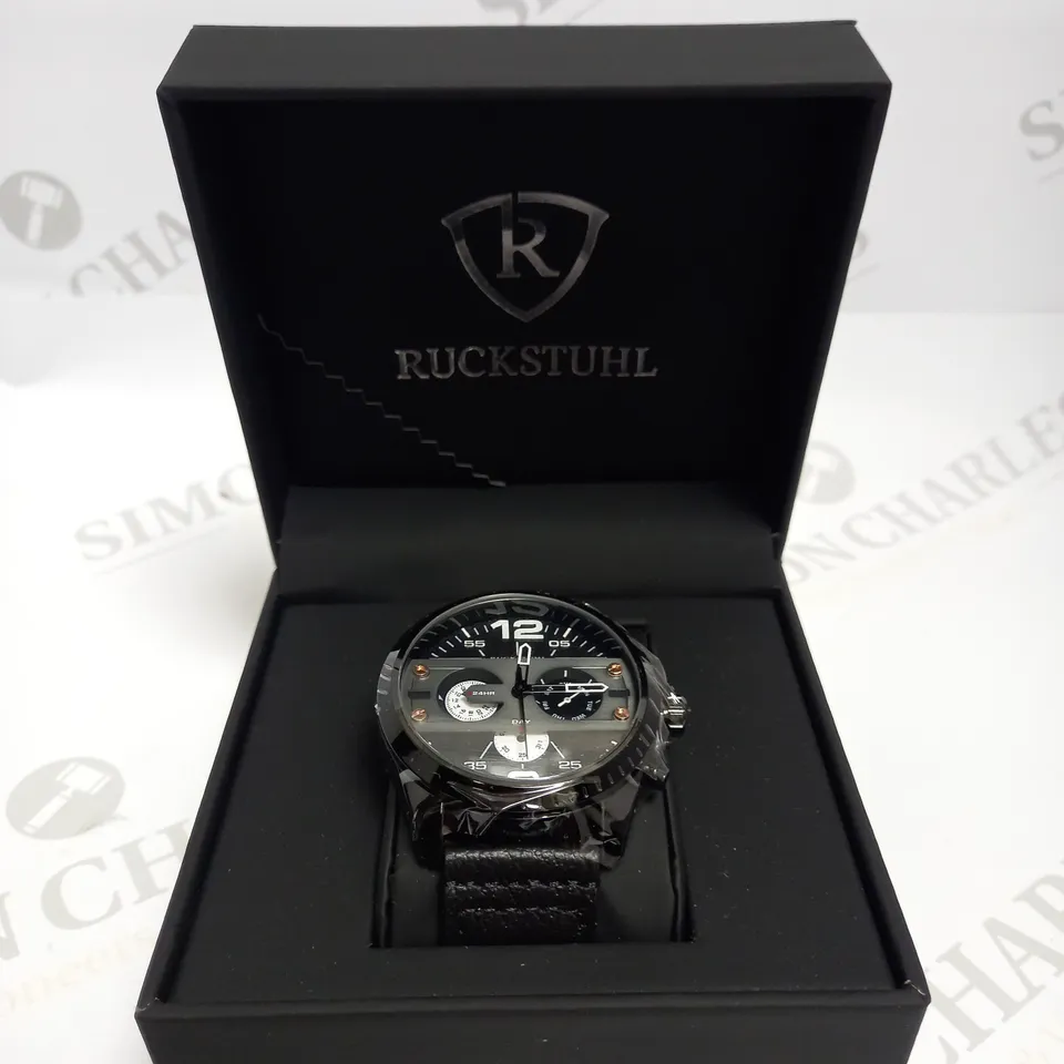 MEN’S RUCKSTUHL COCKPIT R150 WATCH – MULTI FUNCTION SUB DIALS – BLACK CASE – 3ATM WATER RESISTANT – GENUINE LEATHER STRAP