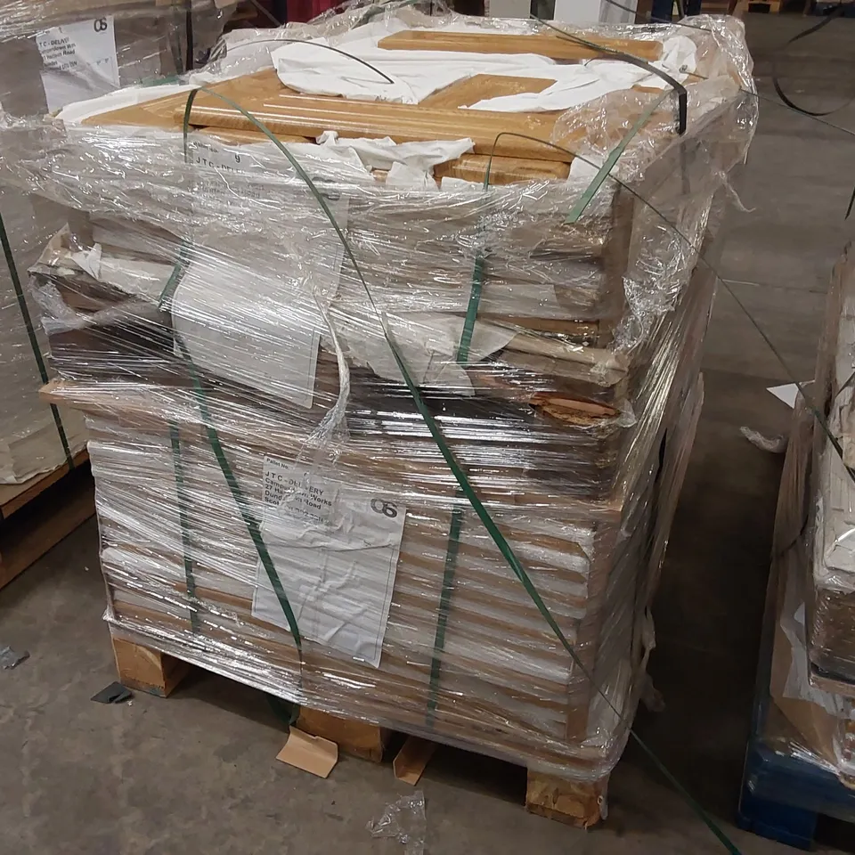 PALLET OF APPROXIMATELY 170 BRAND NEW JASPER (CALAIS OAK) KITCHENS/BEDROOM REPLACEMENT CABINET DOOR/DRAWER/END PANELS IN ASSORTED SIZES TO INCLUDE;