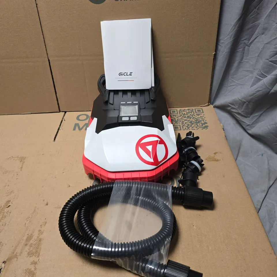 GICLE ELECTRIC AIR PUMP AP-881-LB WITH ACCESSORIES AND MANUAL, IN BLACK BAG